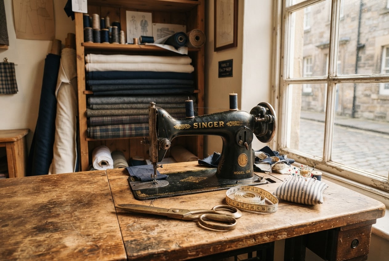 Rosa's vintage sewing machine beside brass scissors, a measuring tape and bolts of wool fabric in the Harbor & Pine workshop