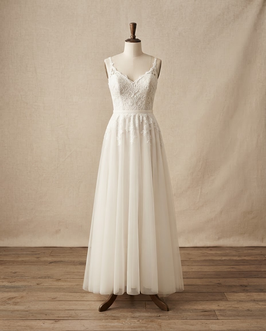 After: the same ivory wedding gown with the hem altered to graze the floor and a neat train