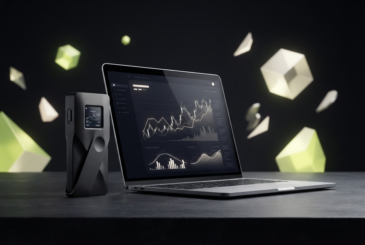Hardware wallet and desktop portfolio screen in a considered studio setting