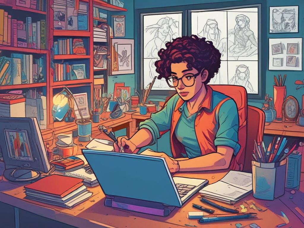 A dynamic digital artist surrounded by colorful comic book illustrations, sketching character designs on a tablet. The background features a vibrant art studio with various art supplies and sketches scattered around, showcasing a creative workspace filled with inspiration.