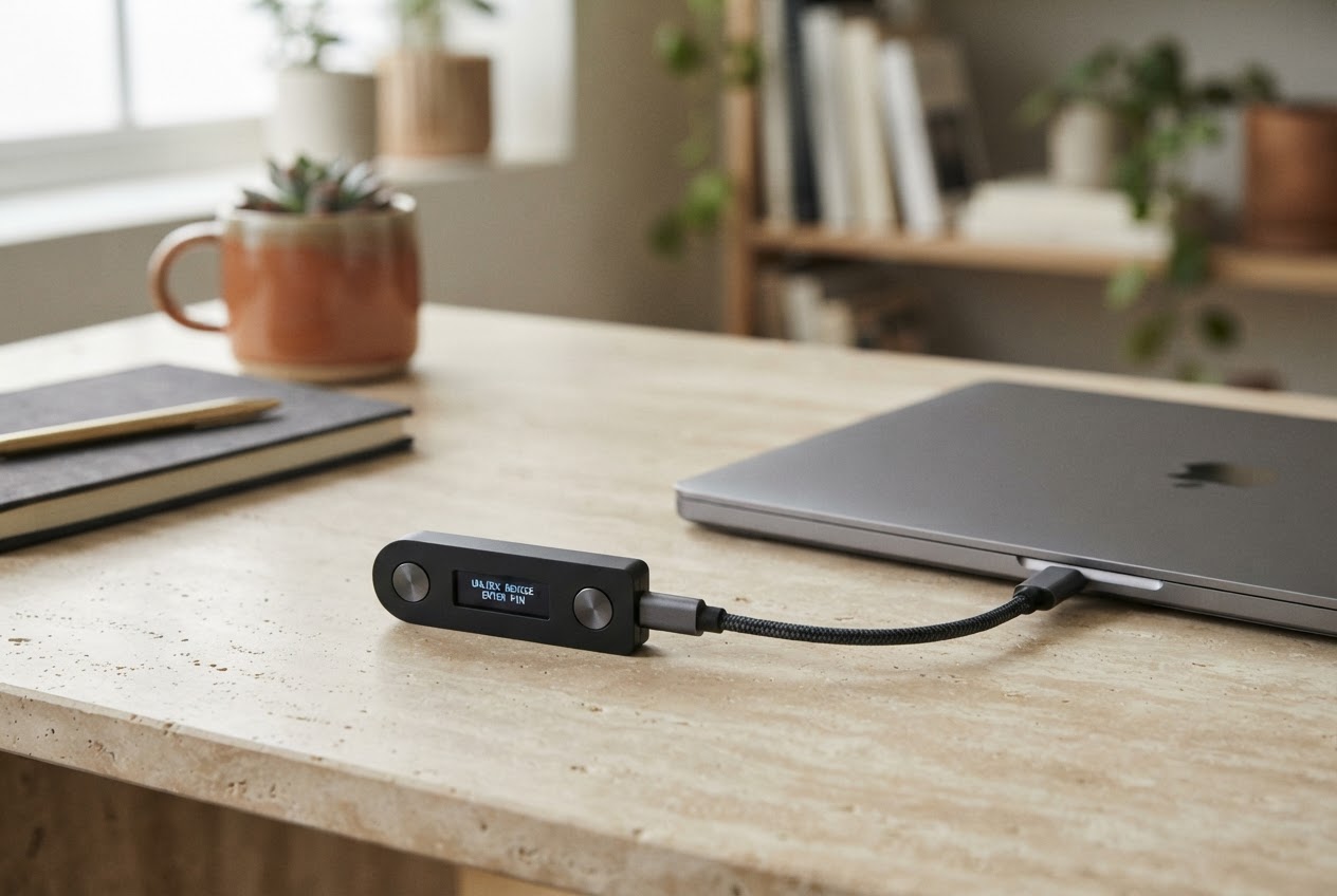 Hardware wallet and laptop arranged on a bright desk