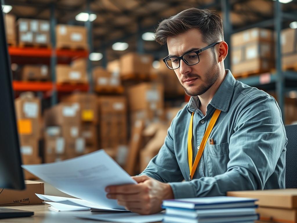 A close up shot of a dedicated logistics professional reviewing
