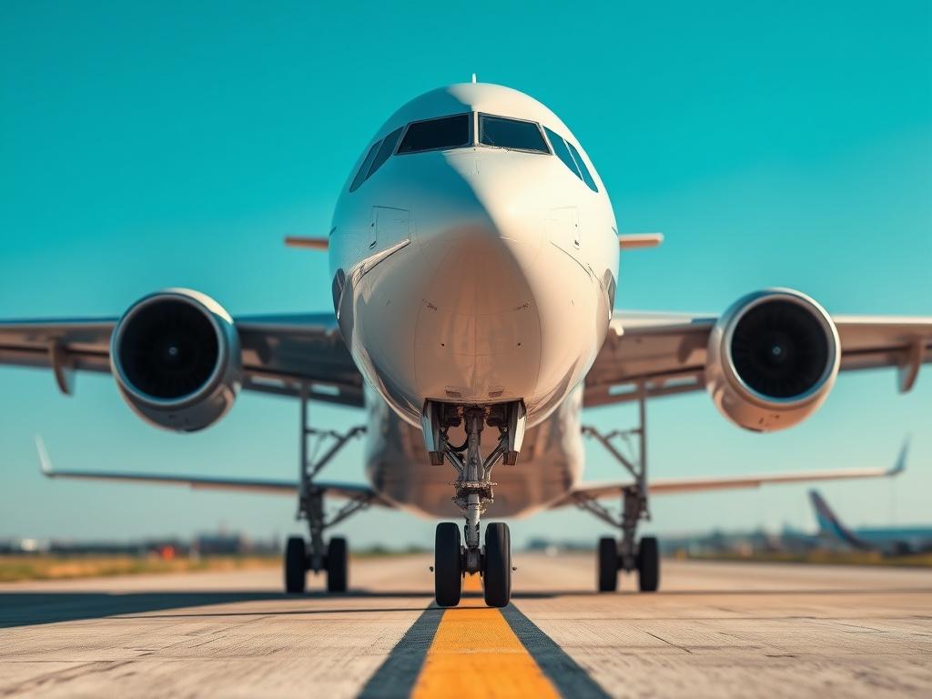 A close up shot of an airplane on a runway,