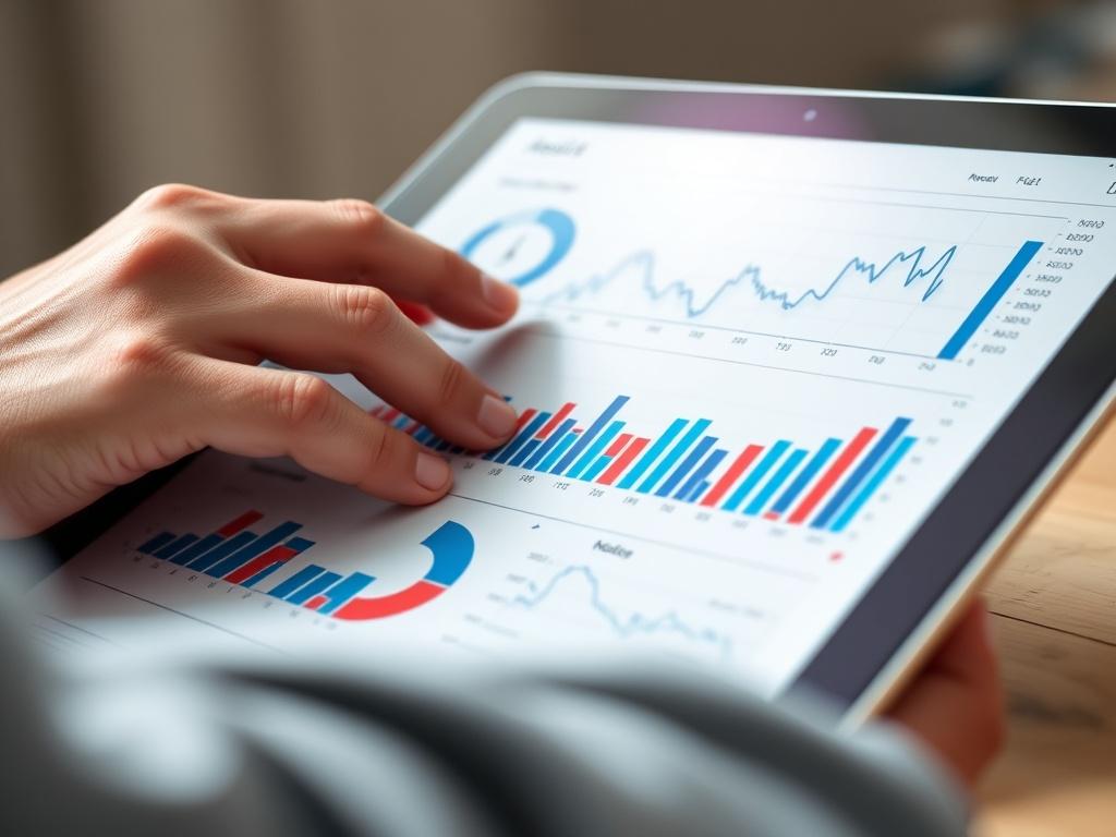 An analytical report on a tablet showing graphs and data about affiliate marketing performance, close-up, realistic high-resolution photo, RGB color scheme.