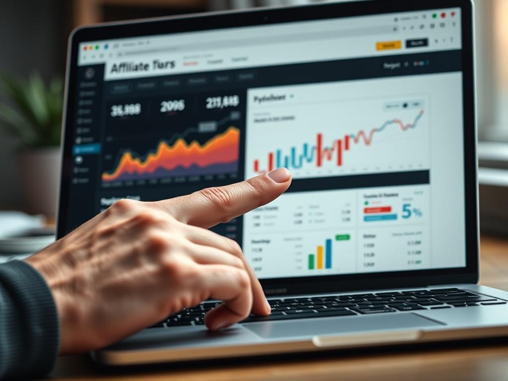 A close-up shot of a laptop displaying an affiliate program dashboard, with a hand pointing at key metrics, realistic high-resolution photo, RGB color scheme.