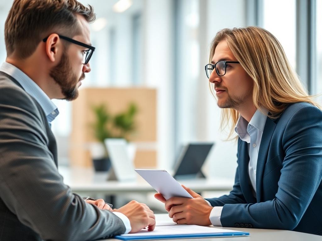 A professional consultant discussing affiliate marketing strategies with a client, close-up, realistic high-resolution photo, focus on their faces in a bright office setting, RGB color scheme.