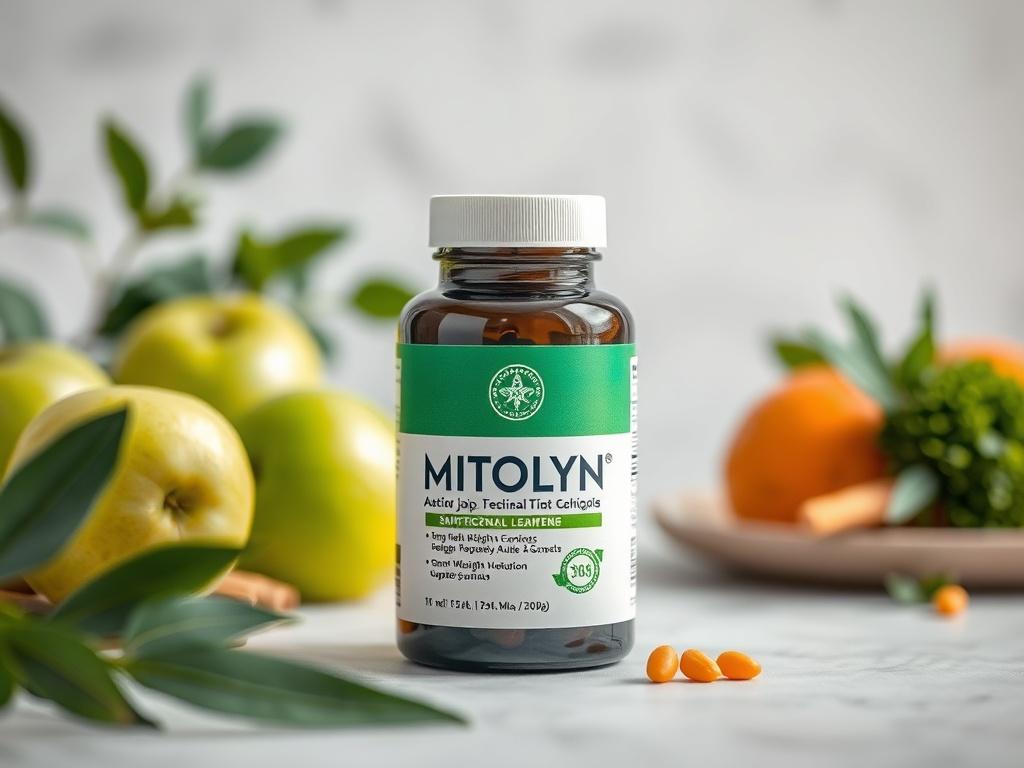 Create a realistic high-resolution photo that embodies the essence of the blog titled "MITOLYN Weight Loss." The composition should be simple and clear, focusing on a single subject: a beautifully arranged display of the MITOLYN product—a sleek, modern weight loss supplement bottle with a glossy finish and a clean label, prominently showcasing the brand logo.

Position the bottle in the center of the frame, set against a soft, blurred background that captures a tranquil atmosphere. This can include organic 