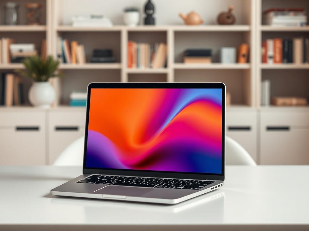 **Prompt for AI Image Generator:**

Create a realistic high-resolution photo that embodies the theme of "Laptop." The composition should be simple and centered on a sleek, modern laptop, showcasing its elegant design. Position the laptop at a slight angle on a clean, minimalist desk, with the screen open to reveal a vibrant, engaging interface that is not too cluttered. The laptop should have a thin profile, with a metallic finish reflecting a soft light source to highlight its contours.

In the background,