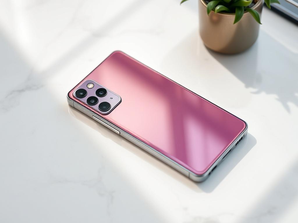 Create a realistic high-resolution image of the New Samsung Galaxy S25 Ultra 5G 256GB Dual Sim Unlocked Smartphone as the central subject. The smartphone should be depicted from a slightly angled top-down view, highlighting its sleek design and vibrant display. Use a soft focus on the background to maintain clarity on the device while suggesting a modern and stylish environment. 

The background should feature a clean, minimalist surface, such as a marble or light wooden tabletop, to enhance the elegance of