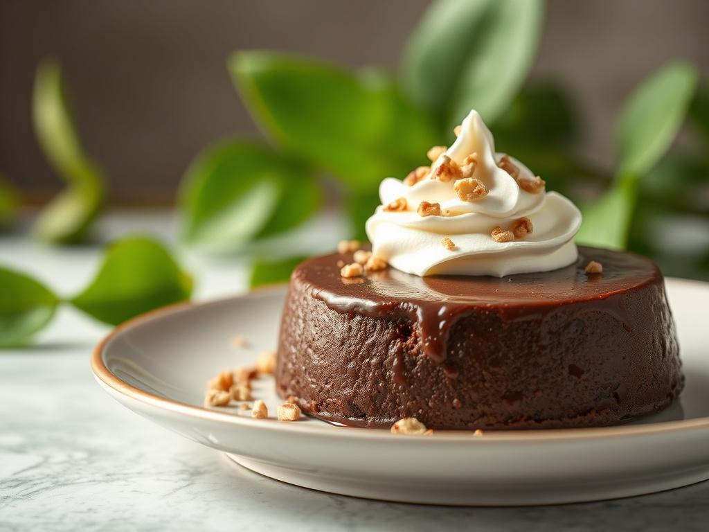 **Prompt for AI Image Generation:**

Create a hyper-realistic high-resolution close-up photograph of a single, elegantly plated keto dessert. The dessert should be a rich, dark chocolate mousse topped with a dollop of whipped cream and a sprinkle of crushed nuts for texture. 

The composition must be simple and clear, focusing entirely on the dessert as the main subject. Use a soft, blurred background featuring subtle hints of green foliage, suggesting a fresh, health-conscious vibe in line with the keto li