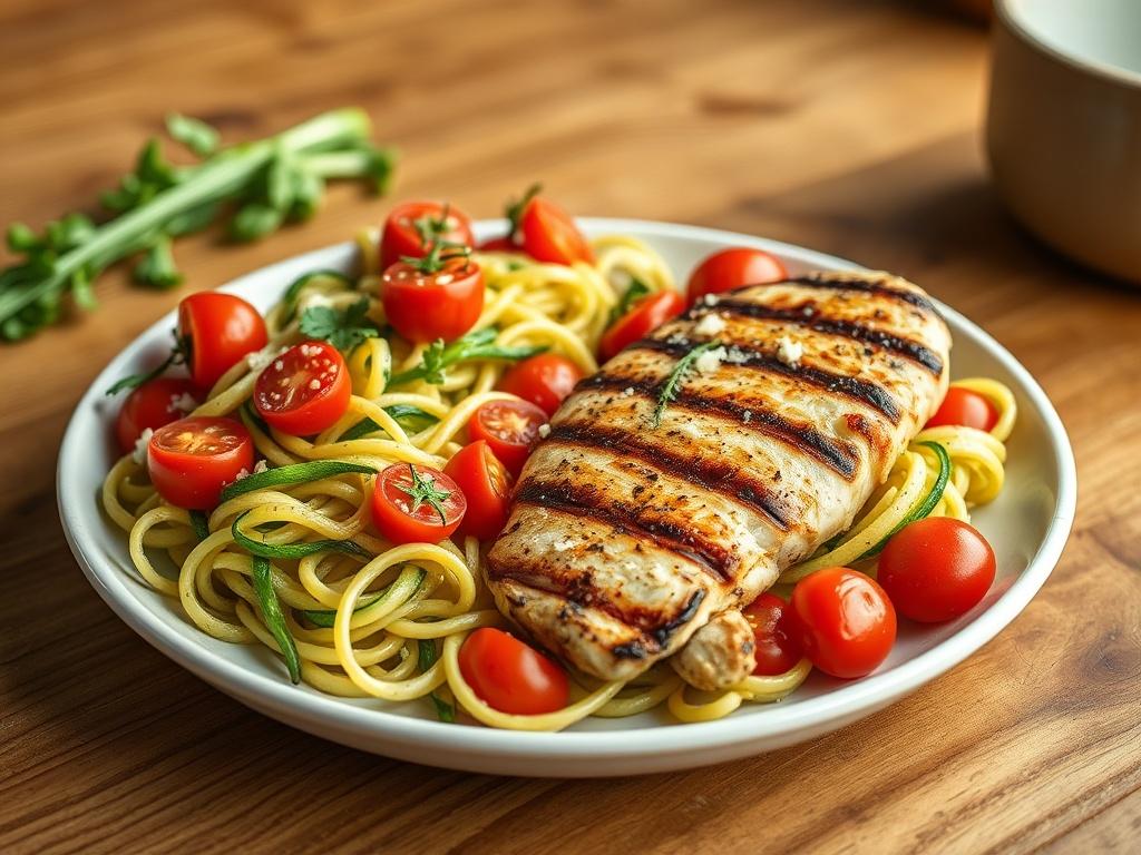 **AI Image Generation Prompt:**

Create a realistic high-resolution photo that embodies the essence of a blog titled "15 Delicious Keto Meal Plans to Simplify Your Weight Loss." The composition should feature a single beautifully arranged plate of a keto meal, showcasing vibrant colors and textures. Place a perfectly grilled chicken breast topped with fresh herbs beside a generous serving of sautéed zucchini noodles tossed with cherry tomatoes and a sprinkle of parmesan cheese.

The background should be sof