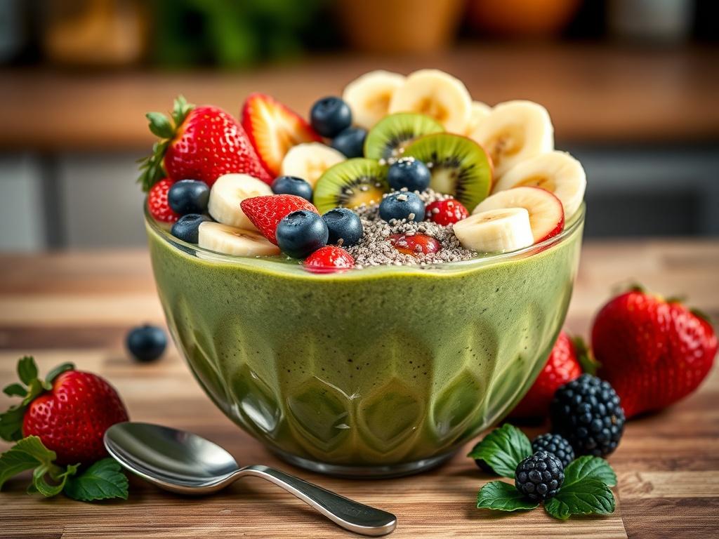 **AI Image Generation Prompt:**

Create a realistic high-resolution photo focusing on a beautifully arranged smoothie bowl that embodies the essence of "The Smoothie Diet." The composition should be simple and clear, featuring a single smoothie bowl as the main subject. The bowl should be vibrant and overflowing with a variety of fresh, colorful fruits such as strawberries, bananas, blueberries, and kiwi slices, elegantly placed around the top. Drizzle a hint of honey and sprinkle some chia seeds for added 
