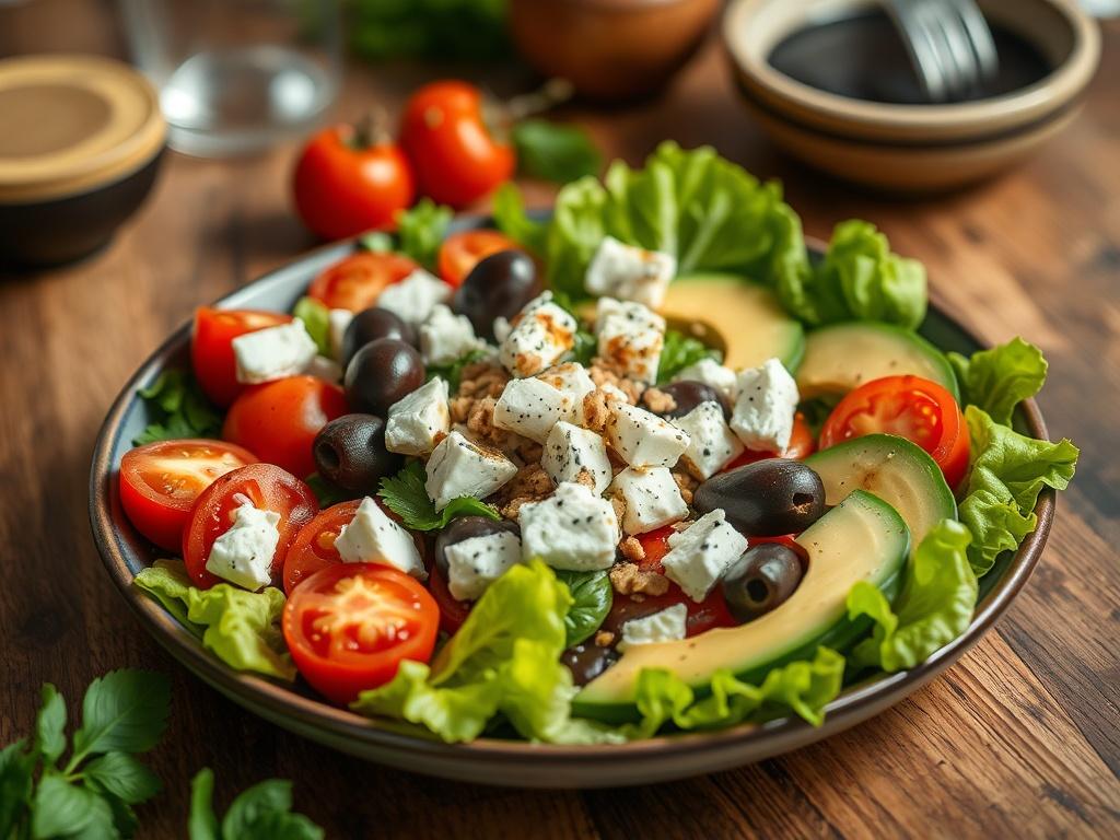 **AI Image Generation Prompt:**

Create a realistic high-resolution photo that embodies the essence of a blog post titled "The Mediterranean Diet Weight Loss." The image should feature a vibrant, beautifully arranged plate of Mediterranean-style dishes. The focal subject is a colorful salad composed of crispy romaine lettuce, ripe cherry tomatoes, creamy feta cheese, ripe avocados, and a sprinkle of Kalamata olives, artfully drizzled with extra virgin olive oil and balsamic vinegar.

The composition should 