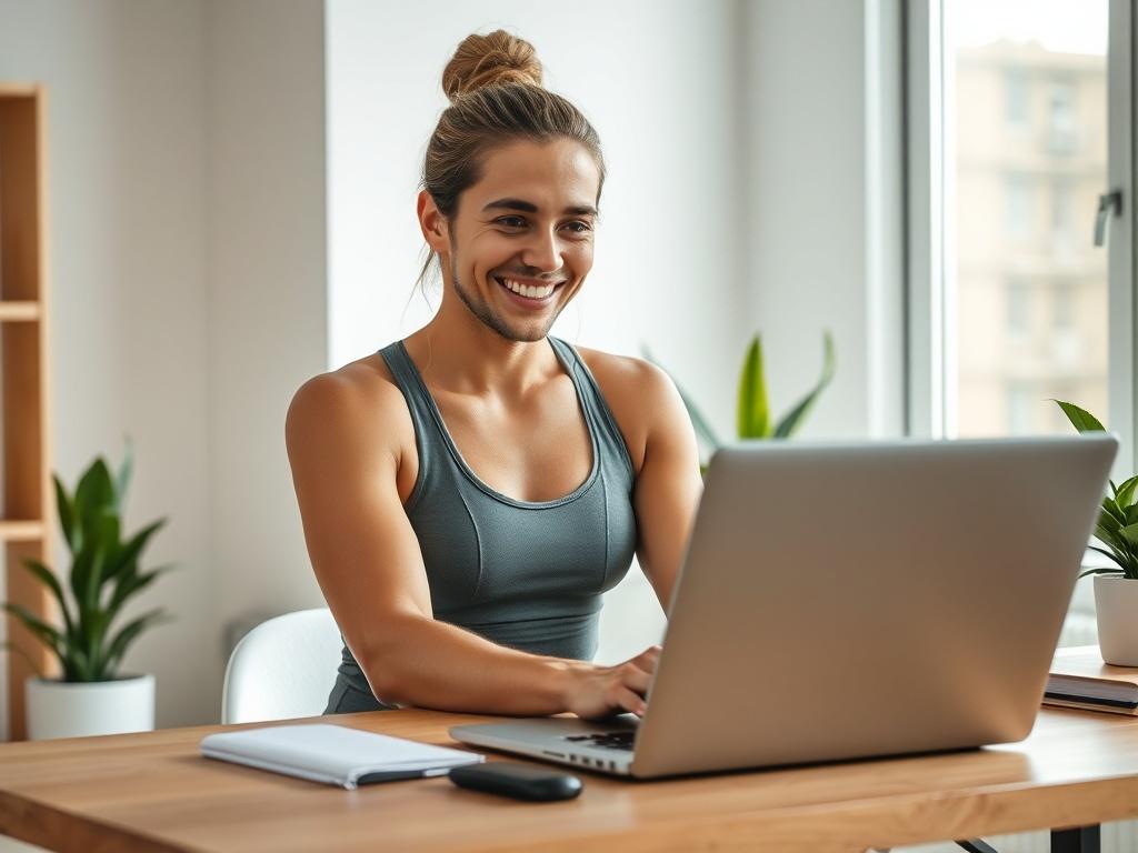 Create a highly realistic high-resolution photo that represents the theme of "affiliate marketing" with a focus on health and fitness. The image should feature a single subject: a confident, smiling individual in their mid-30s, sitting at a modern desk with a sleek laptop open in front of them. The subject should be engaged in a discussion via video call, showcasing their enthusiasm for promoting health and fitness products.

The background should be simple and uncluttered, featuring a well-lit home office 