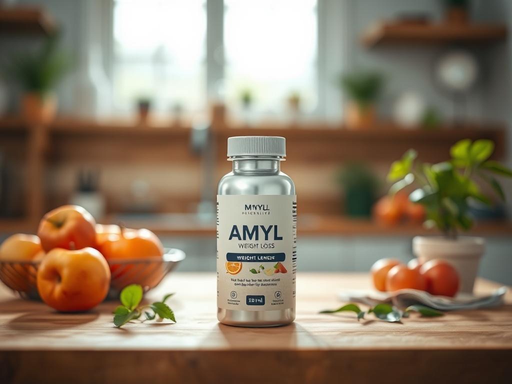 Create a realistic high-resolution photo that encapsulates the essence of a blog post titled "Amyl Weight Loss." The composition should focus solely on a single subject: a sleek, modern bottle of the Amyl weight loss product. The bottle should be prominent, showcasing its label clearly, without any text or distractions in the background. 

The background should be softly blurred, featuring a warm and inviting kitchen setting with natural light streaming in through a window. Consider elements such as a woode