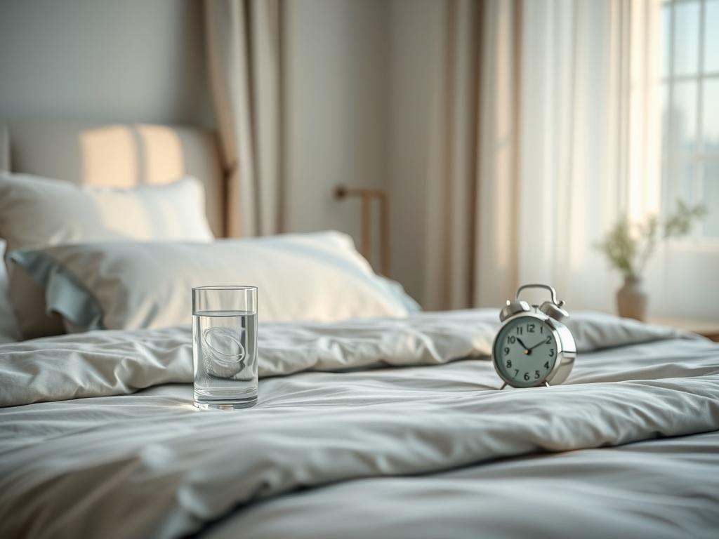 **AI Image Generation Prompt:**

Create a realistic, high-resolution close-up photo that embodies the essence of a blog focused on the "SleepLean Weight Loss" program. The composition should be simple and clear, featuring a single subject: a serene, inviting bedroom setting. 

In the foreground, display an elegant, neatly arranged bed with a plush comforter in soothing colors, such as soft blues or greens, to evoke a sense of calm and relaxation. On the bedside table, place a glass of water next to a small 