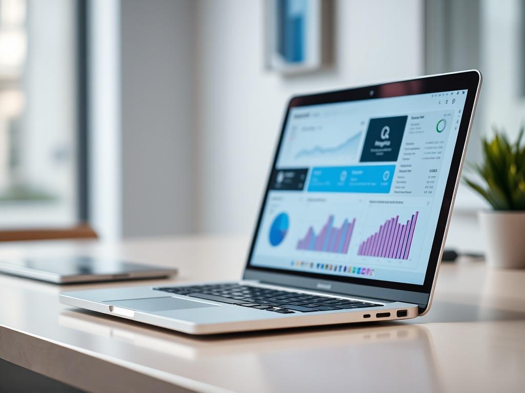 A close-up shot of a laptop displaying an affiliate marketing dashboard, set on a clean, modern desk. The background is softly blurred, focusing on the laptop screen, which shows colorful graphs and analytics. The overall tone is professional, inviting, and dynamic, with a color palette that complements the rgb(50, 170, 39) primary color.