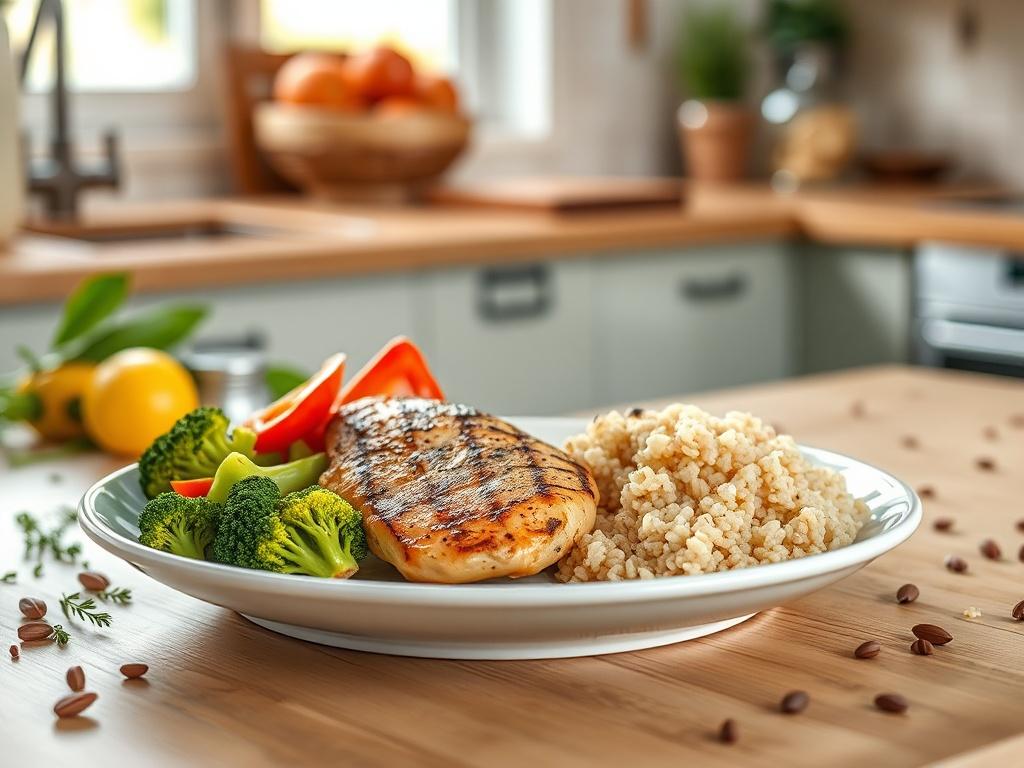 **AI Image Generation Prompt:**

Create a highly realistic high-resolution photo focusing on a single subject that represents the theme of "Carb Cycling for Weight Loss." The composition should be simple and clear, featuring a beautifully presented plate of food featuring a balanced meal ideal for carb cycling. The plate should contain a portion of grilled chicken breast, a serving of mixed vegetables (broccoli, bell peppers, and zucchini), and a small side of quinoa or brown rice, illustrating the concept 