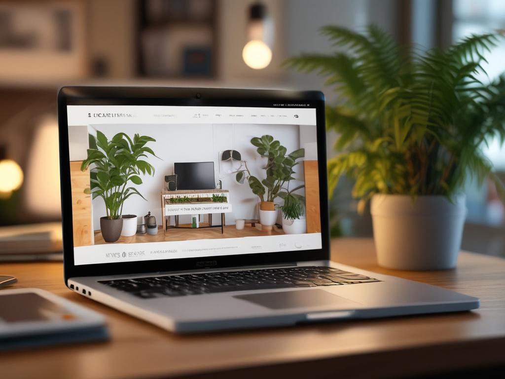 A close-up shot of a laptop displaying a successful e-commerce store on a screen, with a warm, inviting workspace background that includes plants and soft lighting, shot with a 45mm f/1.2 lens style.