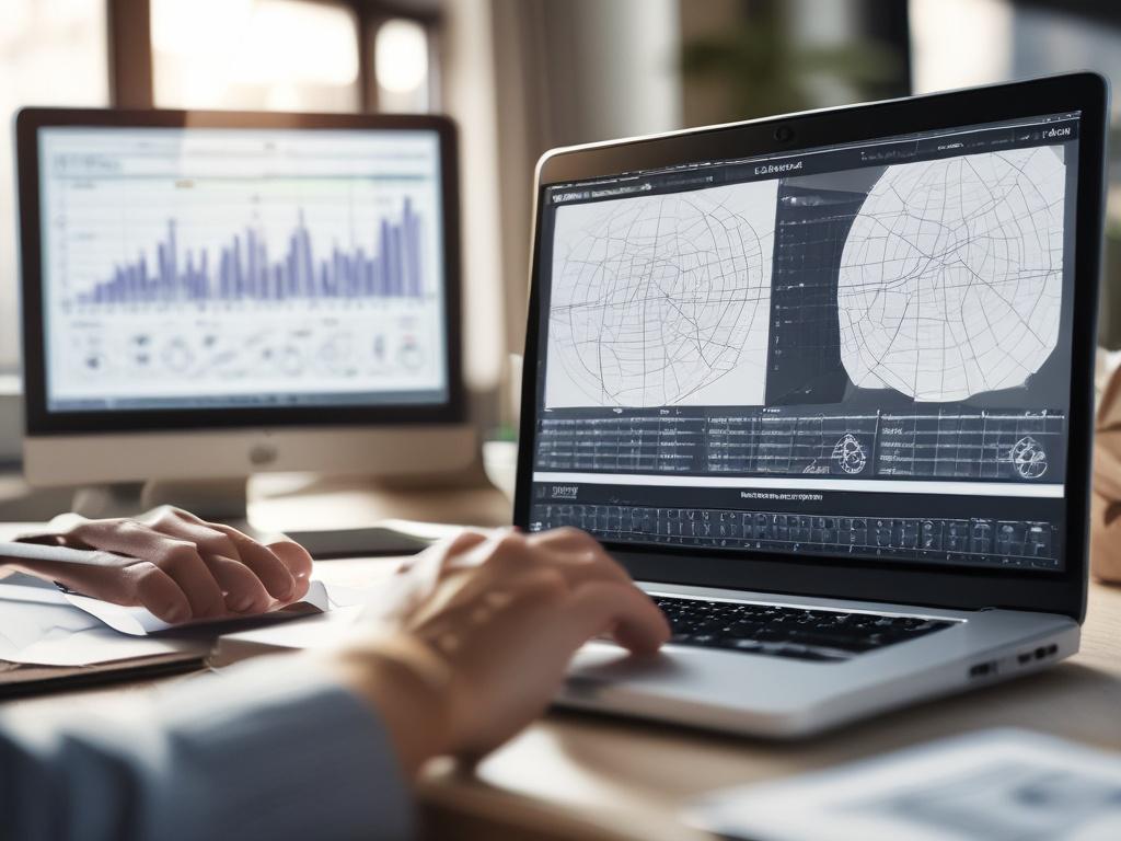 A close-up shot of a digital marketing professional analyzing data on a laptop screen, surrounded by ad creatives and campaign performance charts. The setting is bright and modern, with a focus on clarity and detail, captured with a 45mm f/1.2 lens style. The primary color in the background is rgb(50, 170, 39), highlighting the professional atmosphere.