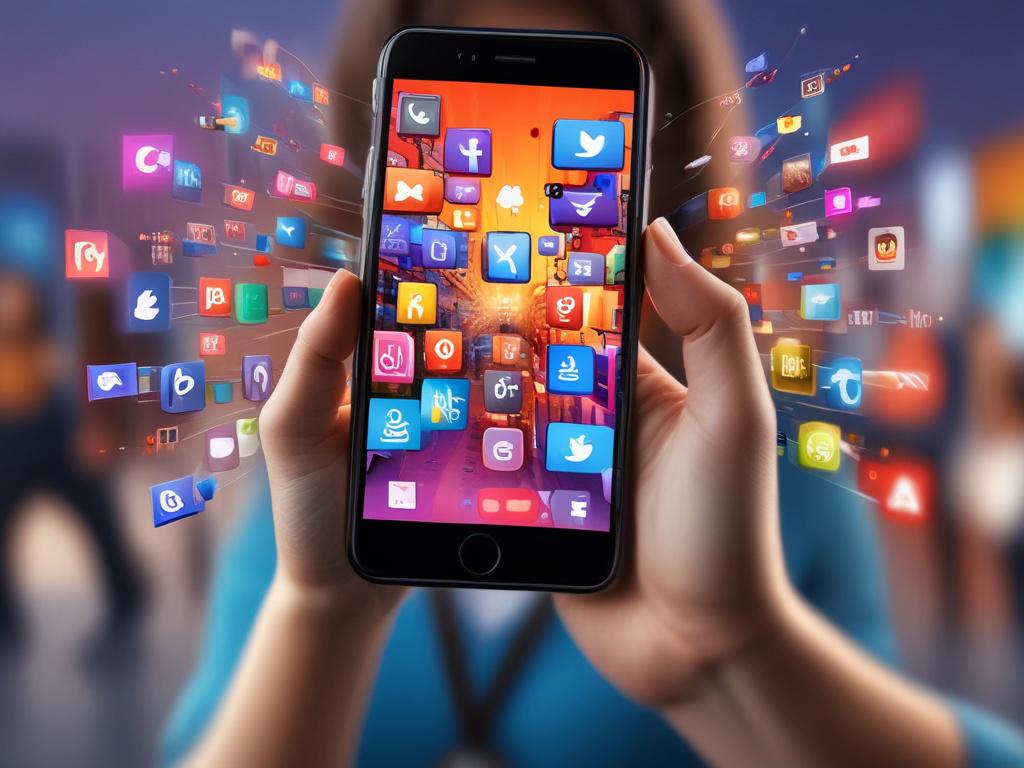a close-up shot of a person engaging with a social media platform on a smartphone, showing excitement and anticipation, with vibrant colors representing the energy of social media, in a clean and minimalistic background, shot with a 45mm f/1.2 lens style