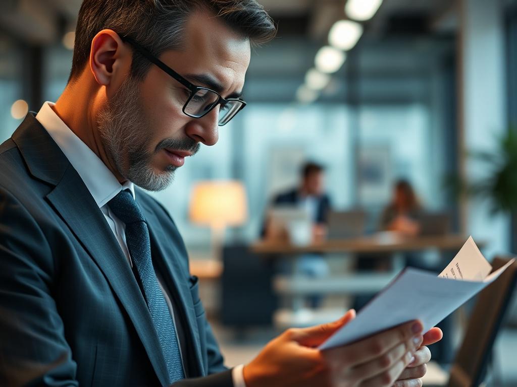 A hyper-realistic close-up photo of a professional consultant in a business suit, attentively reviewing documents with a focused expression. The image is shot with a 45mm f/1.2 lens style, capturing fine details and a shallow depth of field. The background is a softly blurred modern office environment with subtle hints of the rgb(50, 170, 39) primary color in the decor, emphasizing a professional and trustworthy atmosphere.