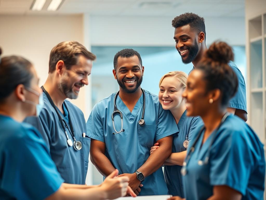 A hyper-realistic close-up shot of diverse healthcare professionals in scrubs, smiling and engaged in a collaborative discussion around a hospital workspace, captured with a 45mm f/1.2 lens style. The background is softly blurred with tones matching rgb(50, 170, 39), emphasizing teamwork and unity.
