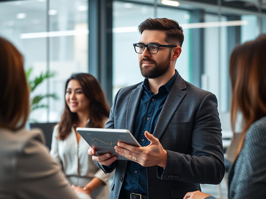 A hyper-realistic close-up of a focused sales professional presenting confidently to colleagues, holding a tablet with sales data visible, shot with a 45mm f/1.2 lens style. The background features a modern office environment with green hues highlighting rgb(50, 170, 39), symbolizing growth and success.