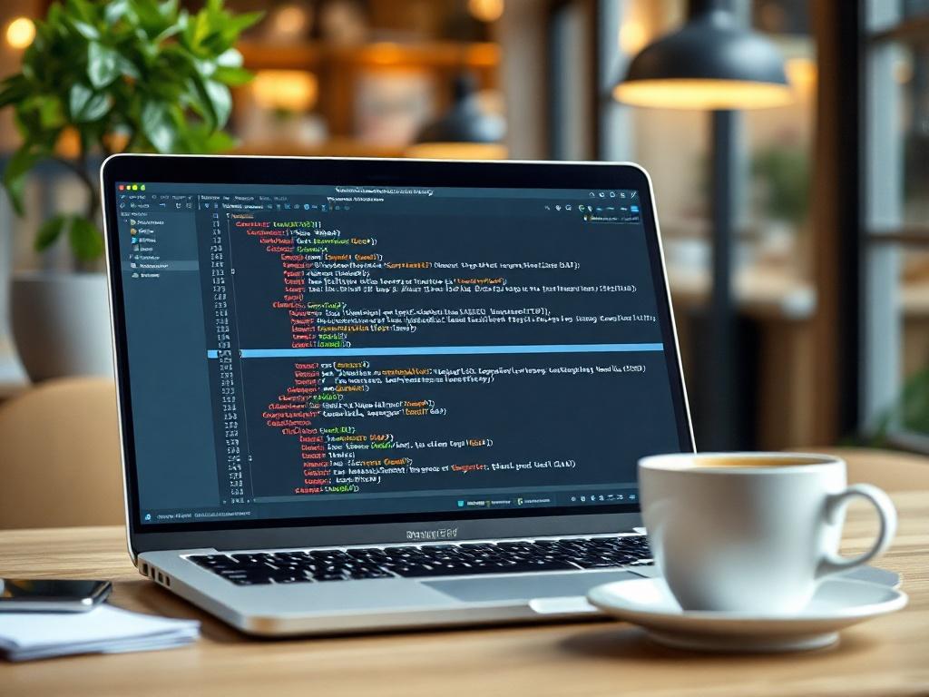 A high-resolution close-up of a laptop screen displaying SQL database queries in a modern office environment. The background includes a cup of coffee and a potted plant, creating a warm and inviting atmosphere. The focus is sharp on the screen, showcasing the technical aspect of data analysis.