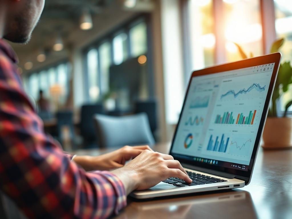 A high-resolution close-up of a person working on a data analysis project on a laptop, with charts and graphs visible on the screen. The background features a modern office setup, conveying a sense of professionalism and focus on analytical work.