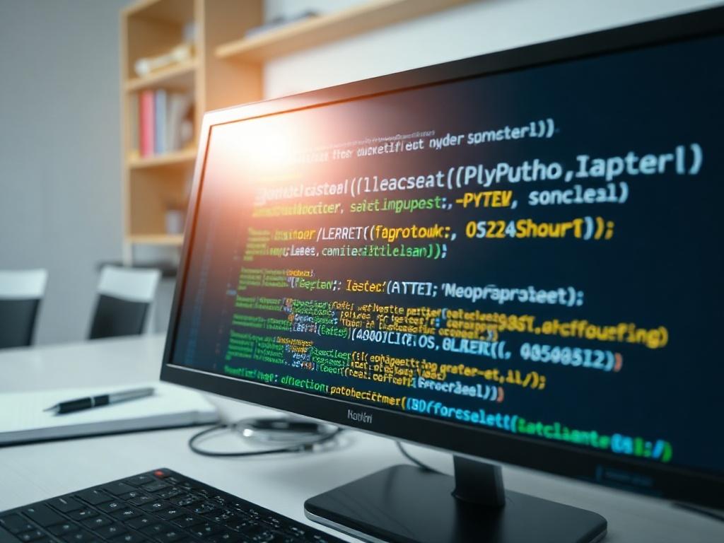 A focused, high-resolution close-up of a computer screen displaying Python code in an educational setting. The background features a clean workspace with a notebook and pen, symbolizing learning and programming. The lighting is bright and inviting, emphasizing a sense of productivity and focus.