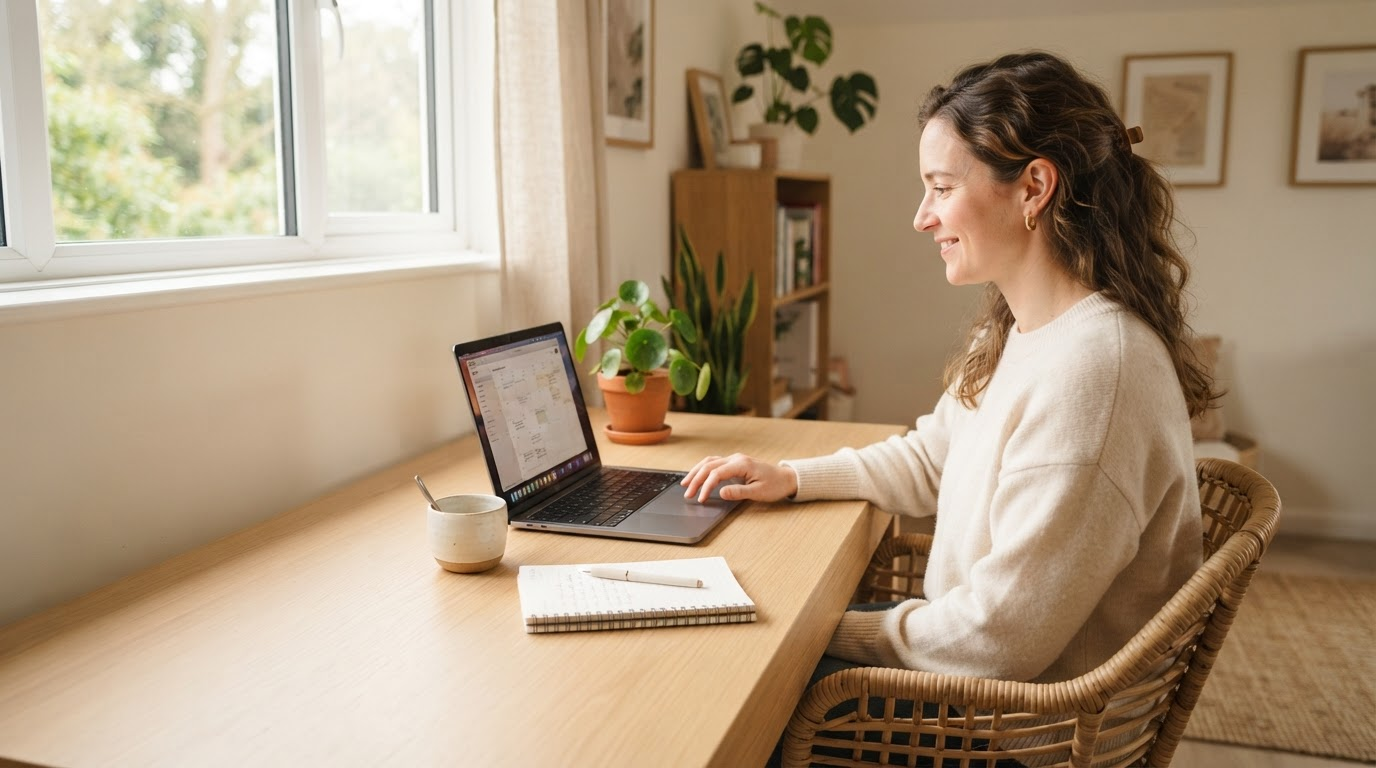 A virtual assistant working calmly at a clean, sunlit desk