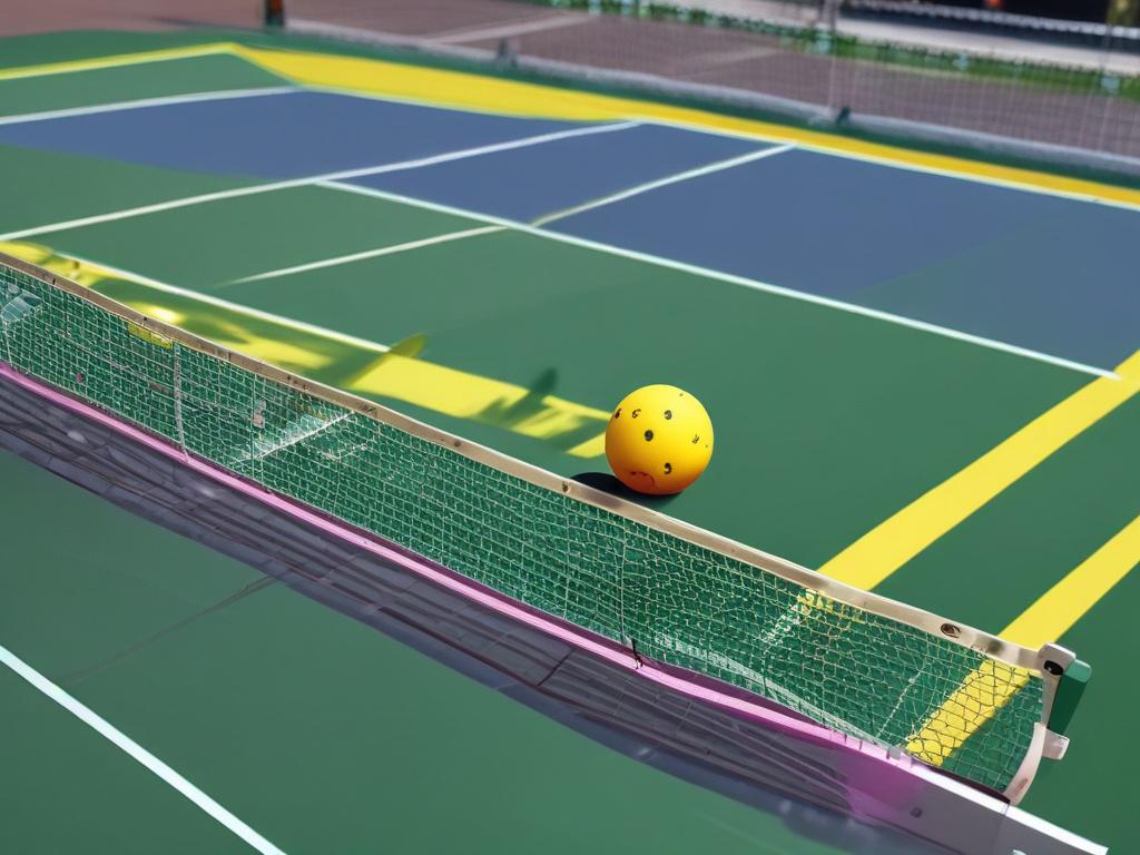 A beautifully designed pickleball court, showcasing a bright and colorful