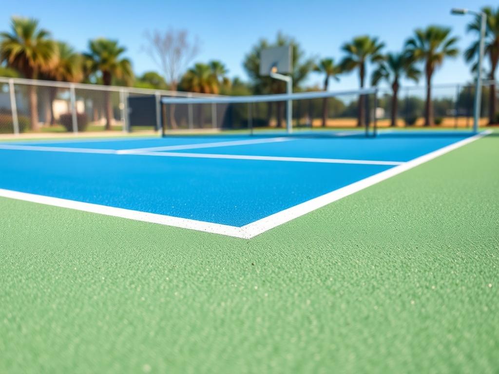 A realistic high-resolution close-up shot of a freshly resurfaced tennis court, showcasing vibrant green and blue colors. The court should be pristine and well-maintained, with clear lines and markings, under bright sunlight. The background should feature a blurred view of trees and a blue sky, creating a lively atmosphere that conveys the excitement of playing tennis or pickleball.