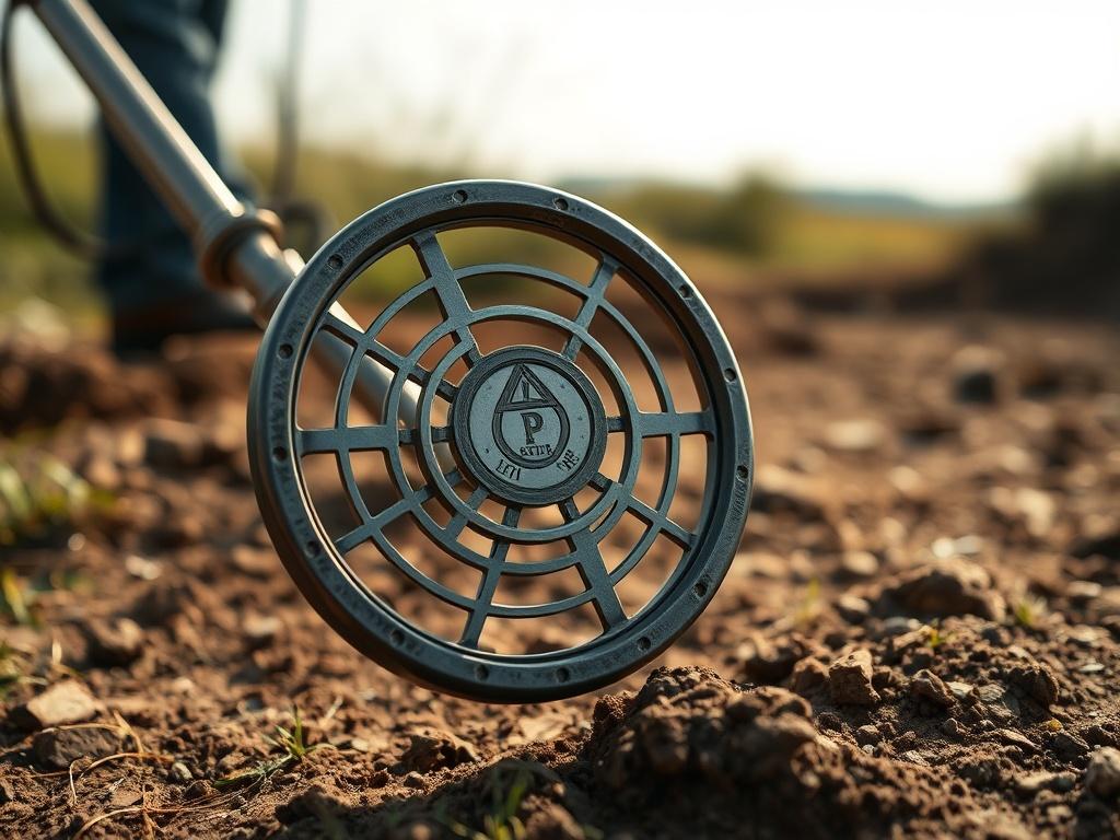 A close-up shot of a metal detector in action on an archaeological site, with a focus on the detector's coil scanning the ground. The background features a blurred view of an outdoor landscape with grass and soil, capturing the essence of an archaeological dig. The lighting is natural, highlighting the metal detector's details, creating a realistic and immersive atmosphere.