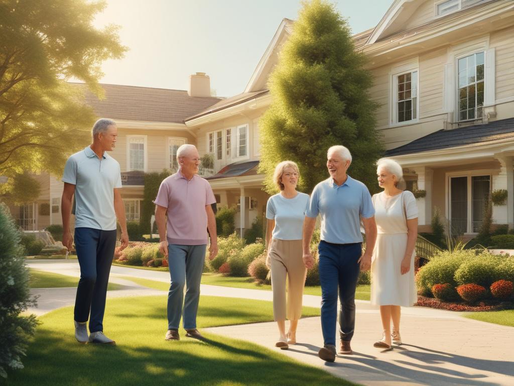 An inviting senior community exterior with well maintained gardens and