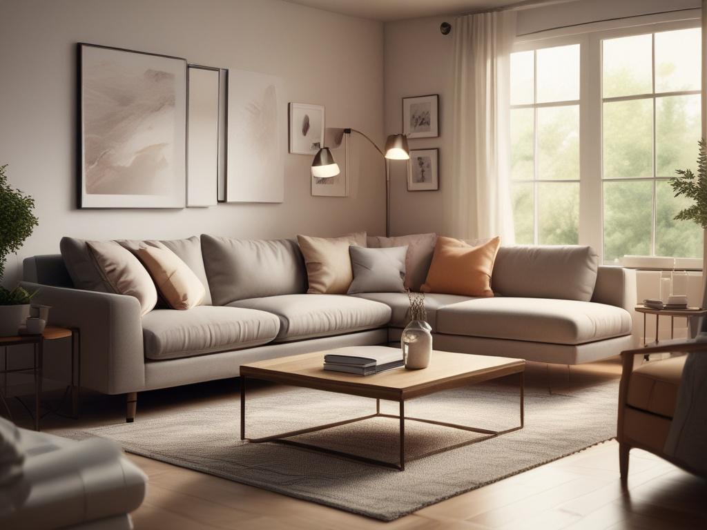 A serene and cozy living room setting, featuring a stack