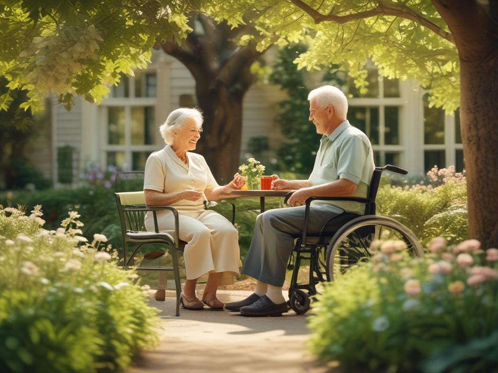A serene and inviting senior community setting, featuring a friendly
