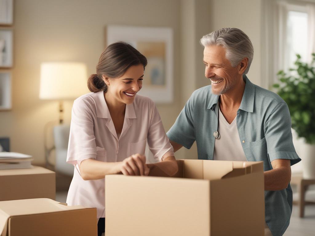 A caring staff member assisting a new resident with unpacking