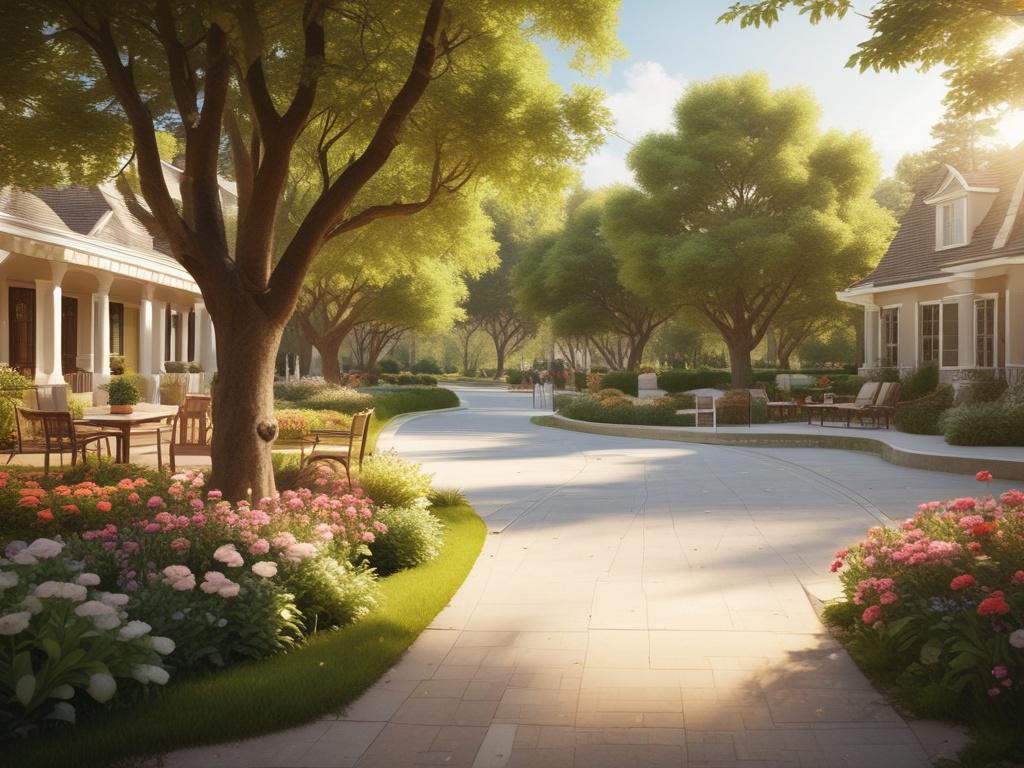 A serene outdoor view of a senior community, featuring well