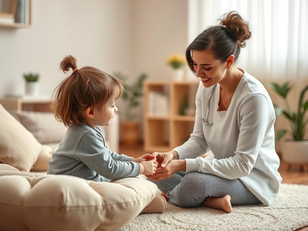 A serene therapy room with soft lighting, showcasing a child engaged in an interactive learning activity with a caring therapist. The atmosphere is calm and inviting, with gentle colors and comfortable furniture, emphasizing a supportive environment for individualized therapy.