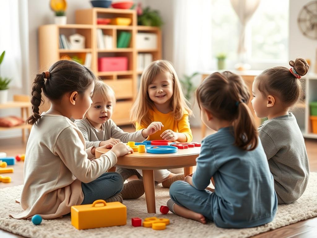 A group of children engaging in a fun and interactive social skills activity, guided by a friendly therapist. The setting is bright and colorful, with toys and games scattered around, creating an inviting atmosphere that encourages social interaction.