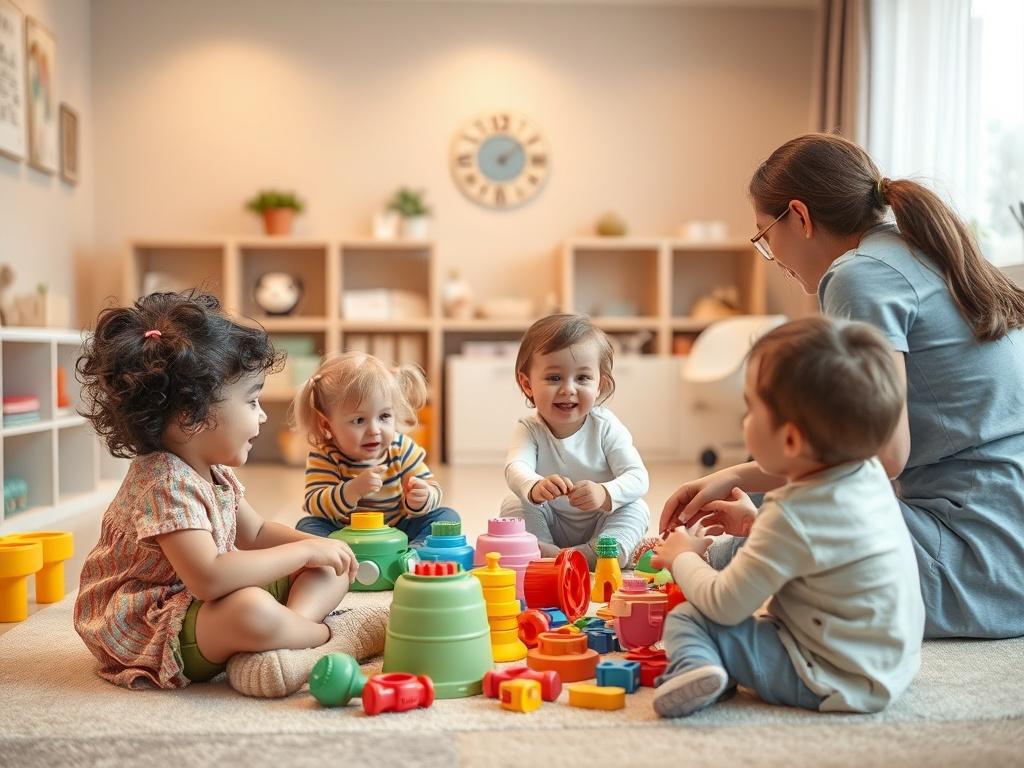 A warm, inviting room where children are engaged in interactive play. The scene includes a small group of children playing with colorful toys, showcasing laughter and joy. Soft lighting enhances the peaceful atmosphere, with gentle colors like pastels throughout the room. One clinician is actively participating, encouraging the children's interaction.