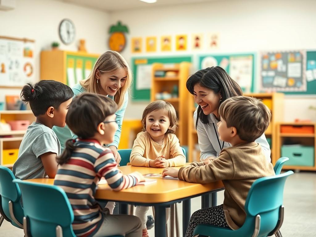 A vibrant classroom setting with children participating in a communication skills workshop. The scene shows children engaged in a role-play activity, practicing conversation with smiles. A supportive clinician guides them, providing encouragement. The atmosphere is bright and cheerful, filled with educational materials that enhance the learning environment.