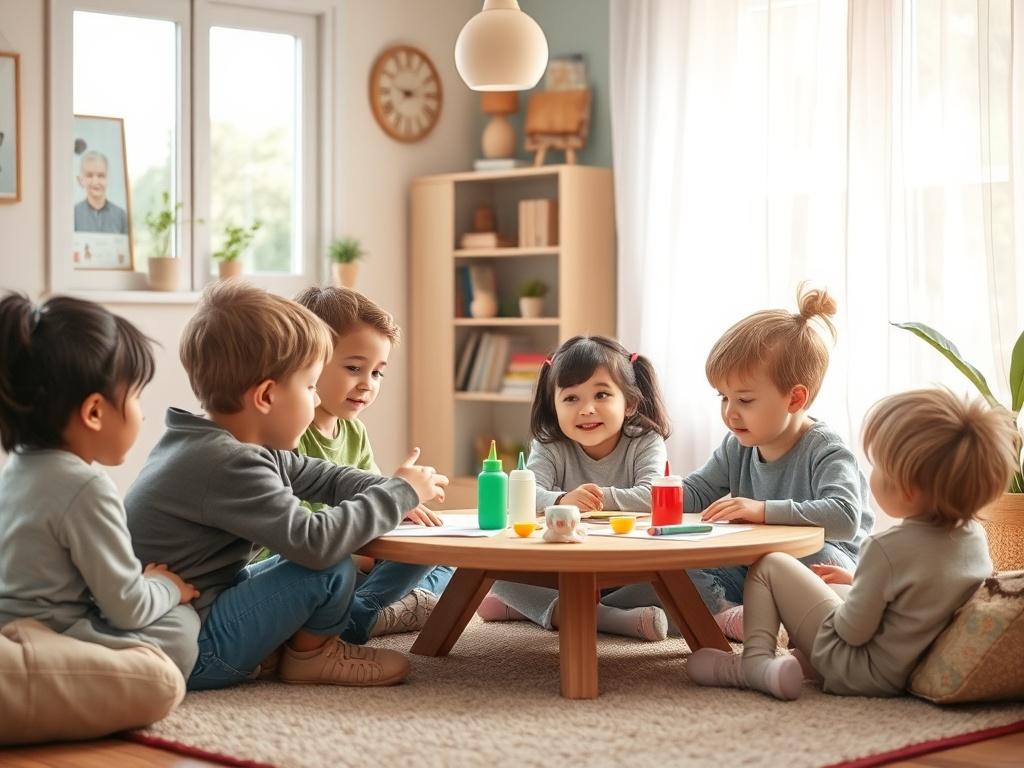 A cozy setting where a group of children are engaged in a peer interaction group. The scene shows children collaborating on a fun group project, with a clinician guiding them. The atmosphere is friendly and welcoming, with soft colors and natural lighting creating a peaceful vibe.