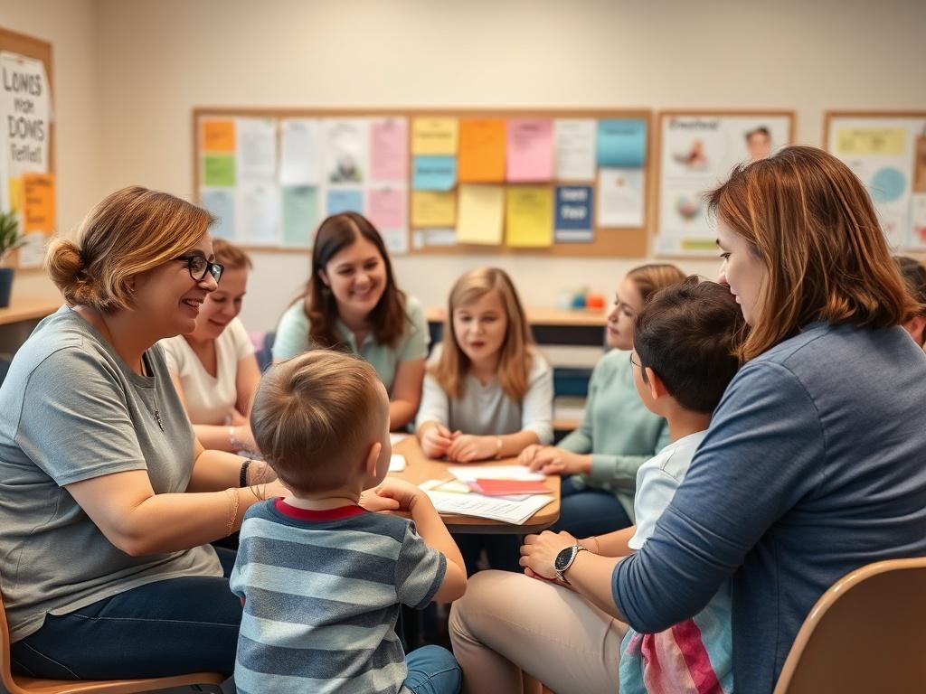 A collaborative workshop environment where parents are engaged in activities to develop communication skills. Participants are using visual supports and practicing communication techniques with each other. The atmosphere is lively and supportive, with a BCBA guiding the session and providing insights. The backdrop features colorful materials related to communication strategies, creating an inspiring learning environment.