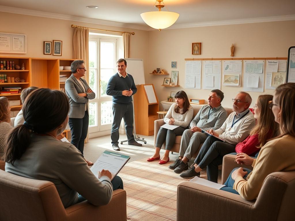 A warm and inviting workshop setting with a diverse group of parents engaged in a training session. A knowledgeable instructor stands at the front, demonstrating techniques with visuals. The room is filled with soft colors, natural light, and comfortable seating, creating a peaceful atmosphere. Parents are taking notes, interacting with each other, and showing enthusiasm for learning. The background features educational materials on the walls and a warm, welcoming ambiance.