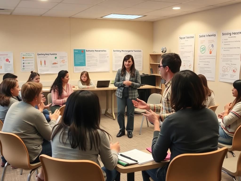 A dynamic workshop scene showing parents actively participating in role-playing exercises to manage behaviors. The atmosphere is engaging and supportive, with parents practicing techniques in pairs. A BCBA is facilitating with enthusiasm, providing feedback and encouragement. The room is well-lit, with visual aids on behavior management techniques displayed on the walls, creating an interactive learning space.