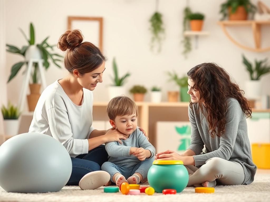 A serene indoor therapy room with soft lighting and gentle colors. The focus is on a child engaging in a play-based ABA therapy session with a compassionate therapist. The background features calming decorations, such as plants and educational toys, creating a warm and inviting atmosphere.