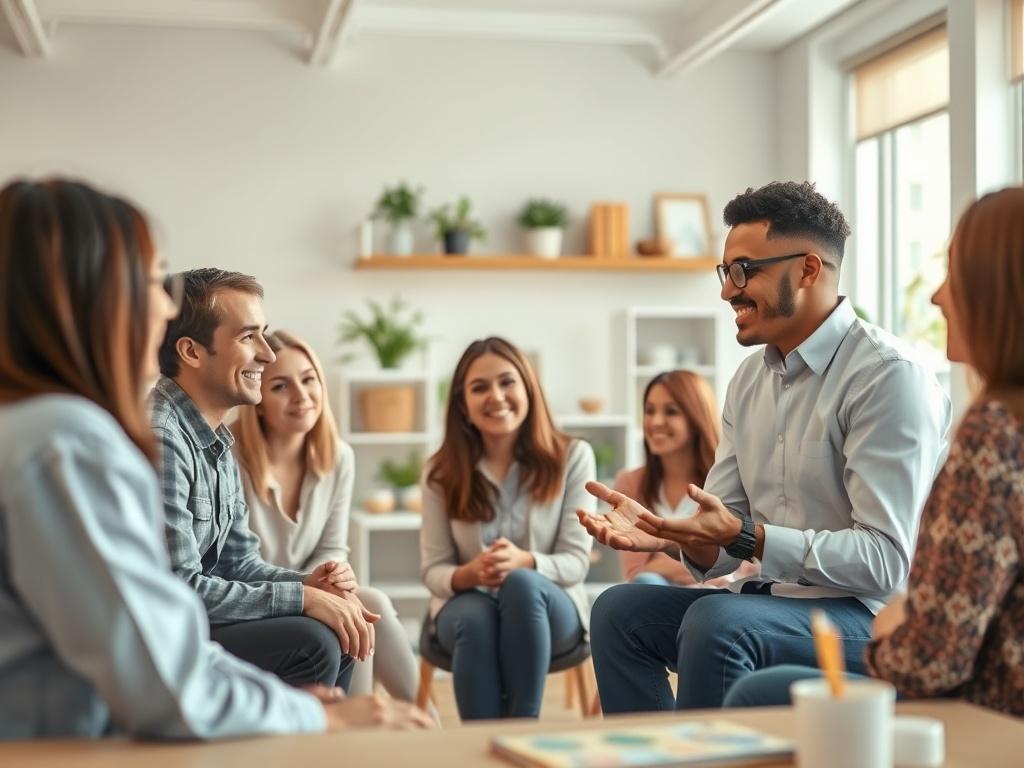 A warm and inviting photo of a diverse group of professionals in a bright, welcoming office space, engaged in a collaborative discussion. The atmosphere is friendly and energetic, with soft tones and gentle lighting. The background features elements of a well-organized workspace, including plants and educational materials, conveying a sense of teamwork and dedication to helping children on the autism spectrum.